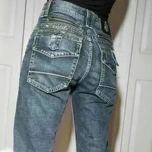 90s rocker Airstar high rise jeans with  metal hardware, big pockets & zippers